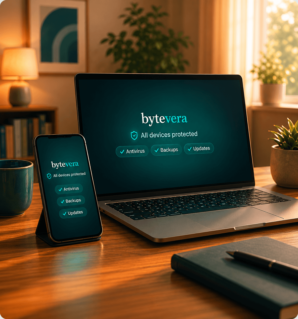 Family laptops, tablet, and phone with Bytevera protection shown on each screen