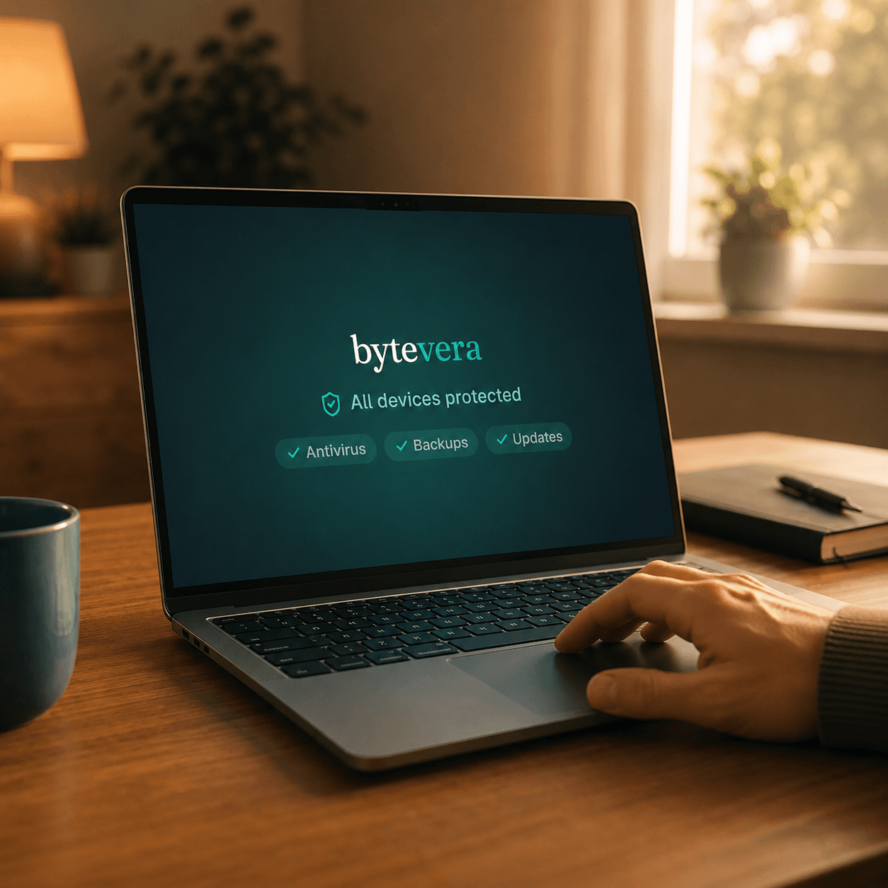 Laptop on a desk with Bytevera protection shown on screen — ready for a remote fix session