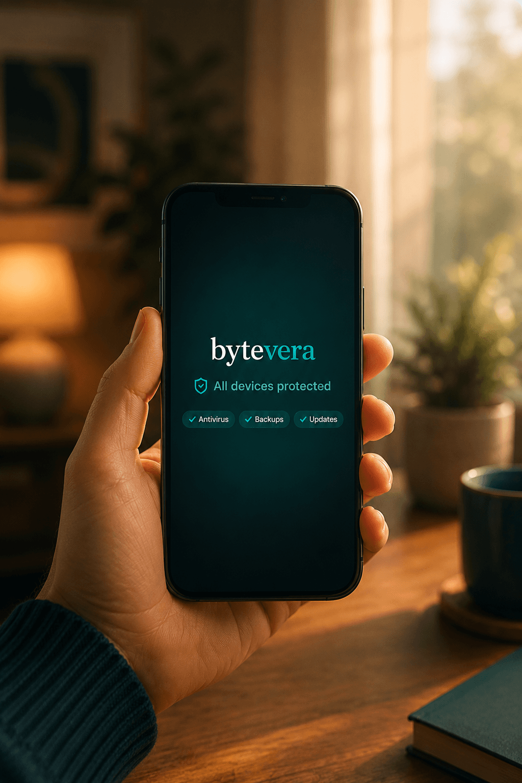 Calm home workspace with laptop and devices protected by Bytevera